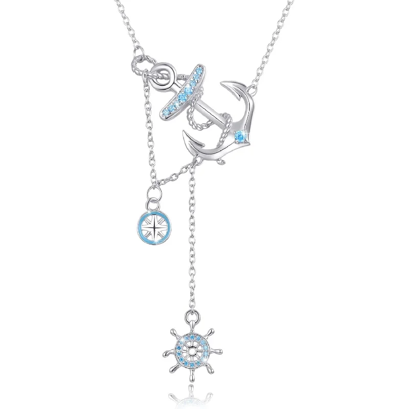 

925 Sterling Silver Nautical Anchor Necklace - Vintage Navy Blue CZ 18"+2" Extender Gift for Women Mom