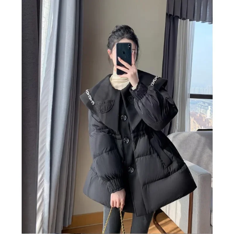 Autumn Winter Fashionable Waist Cinching Slimming Loose Fitting Patchwork Suit Collar Cotton Jacket New Plus Size Women Clothing