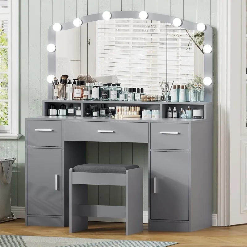 Makeup Vanity with Lights, Vanity Desk, Makeup Vanity Table with 3 Drawers, 2 Cabinets & Long Storage Shelf, 10 Led Lights