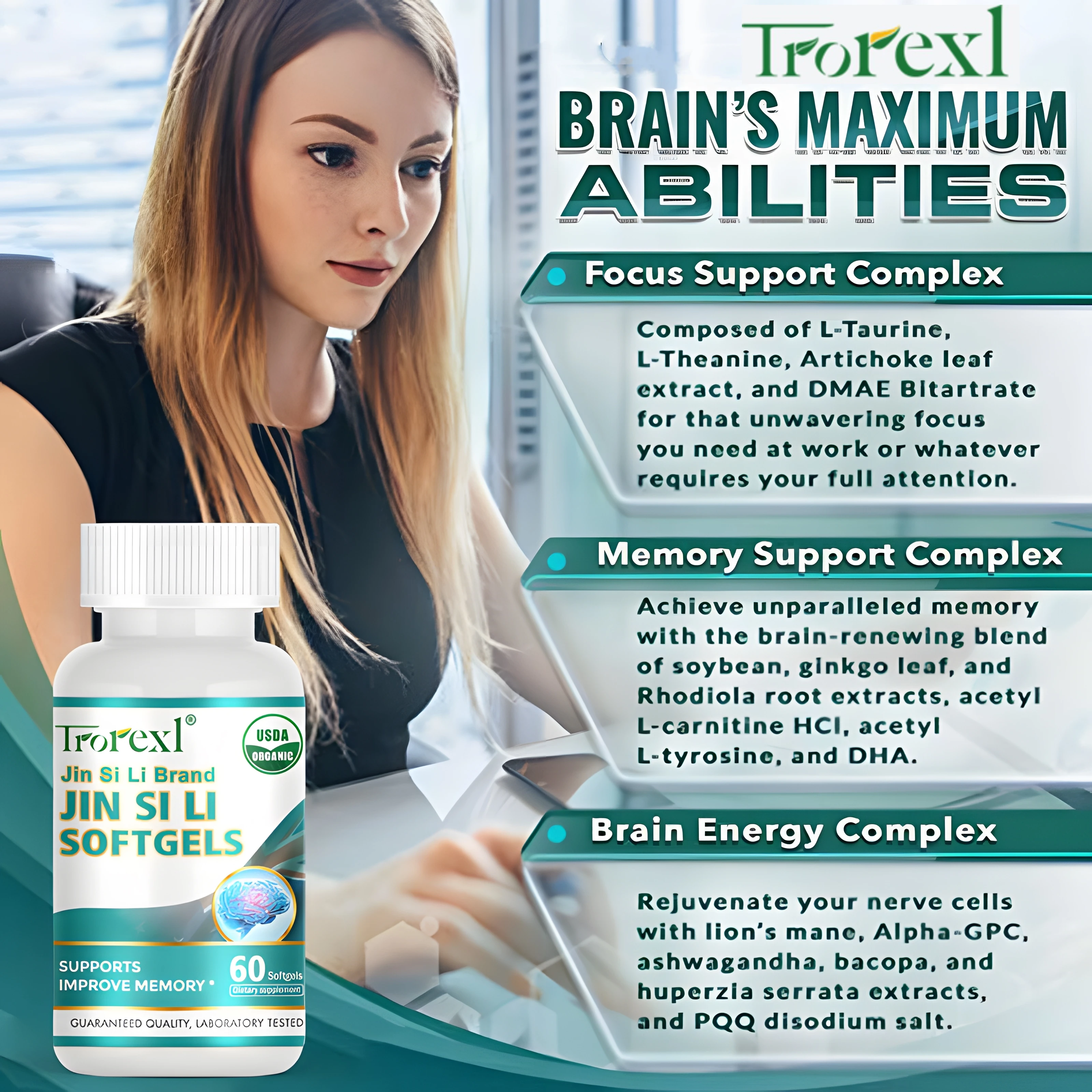 Brain Supplement - Nootropic Brain Booster for Focus, Clarity, Improved Memory & Mood -Support for Concentration & Brain Fog