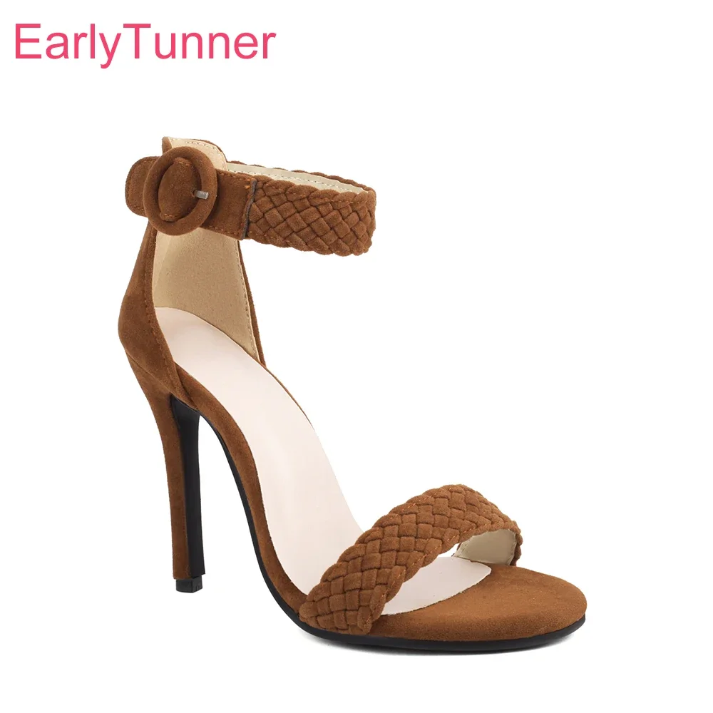 

New Summer Fashion Brown Khaki Women Sandals Sexy Super High Stiletto Heels Lady Evening Shoes Plus Big Size 43 46 48