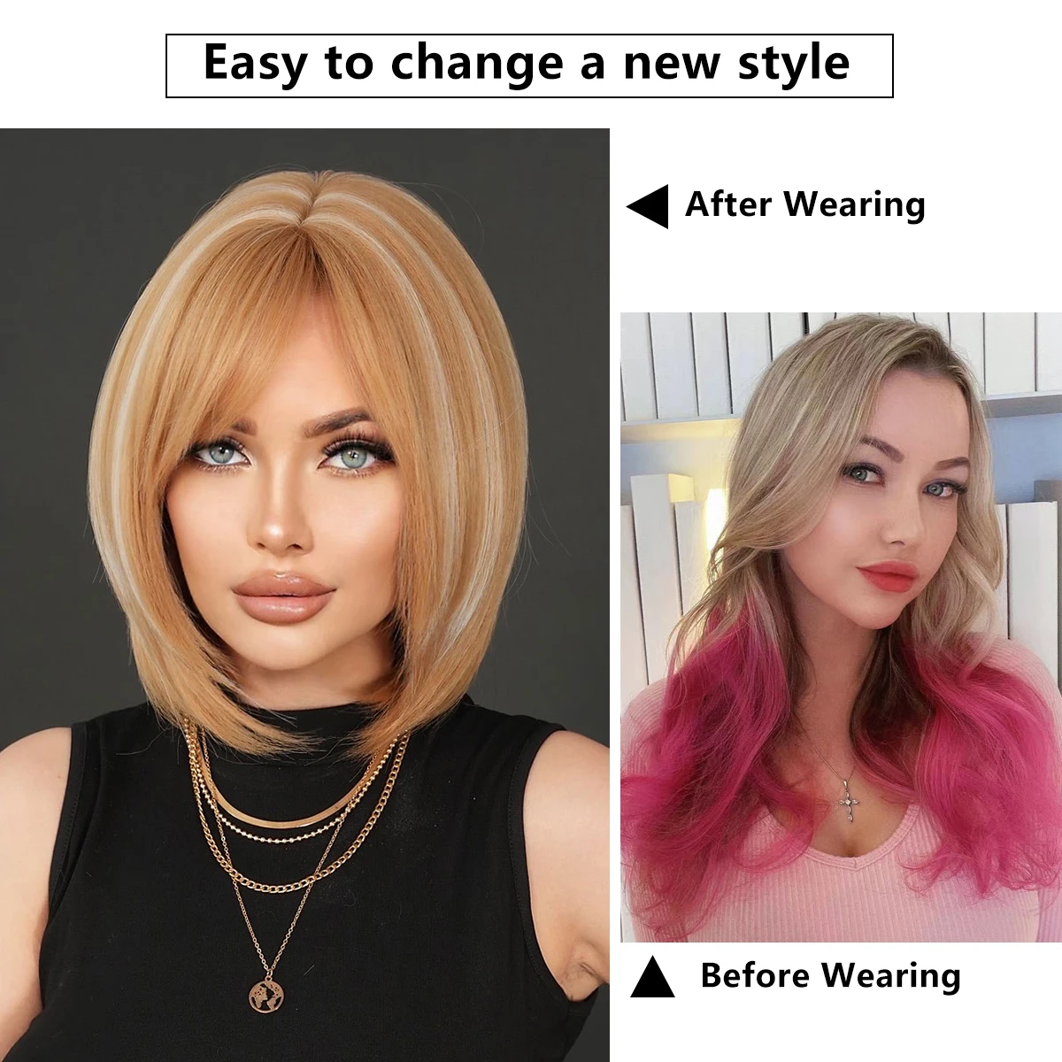 NAMM Short Straight Hair Blonde Wig For Woman Daily Cosplay Wig Highlight White Bob Wigs Synthetic Hair Heat Resistant