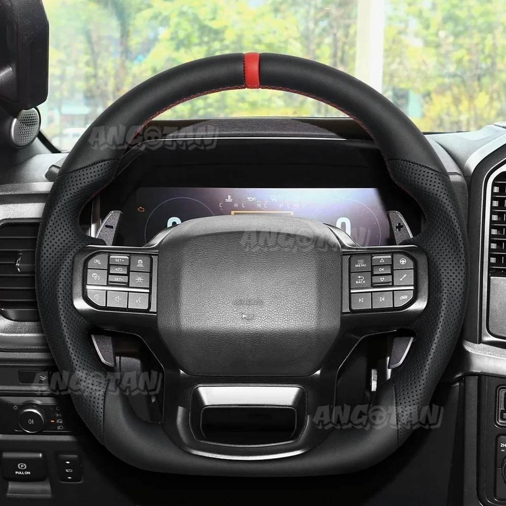 

Full Leather Steering Wheel D-Type Flat-Bottom Red Center Line With Paddle Hole For Ford Raptor F-150 2021-2024 Car Accessories