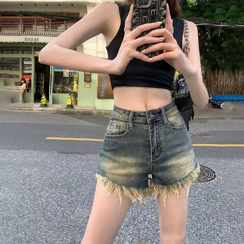 Summer Denim Shorts Women's Summer Retro Old Hip High Waist Tight Hot Pants Women's Fashion Shorts Raw Edge