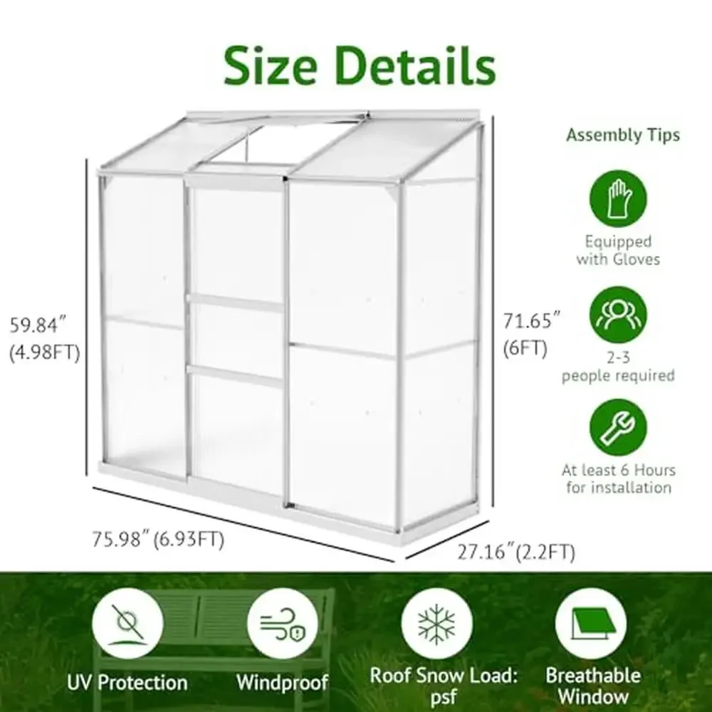 Adjustable Ventilation Greenhouse Walk-in Polycarbonate 6x2ft Outdoor Sliding Door Gutter System