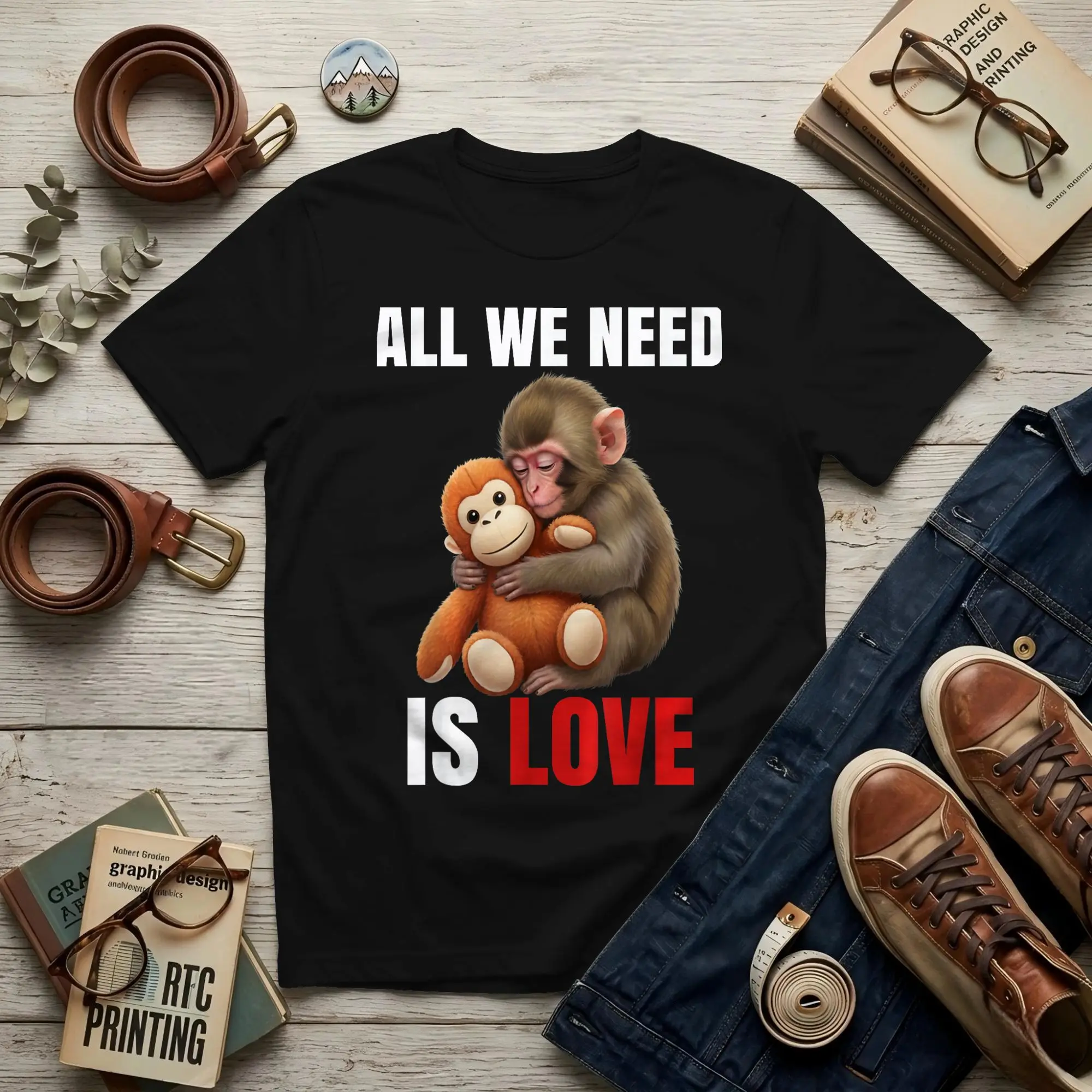 Monkey Punch All We Need is Love T Shirt  Men's T Shirt Punch Monkey  Novelty Tee Shirt Short Sleeve O Neck Cotton T-Shirt
