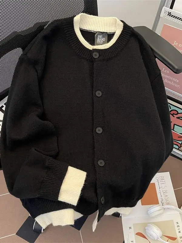 

Мужской вязаный свитер в стиле ретро, свободного кроя, черный, с эффектом двухслойности, модный открытый кардиган, осенний топ, стильная верхняя одежда