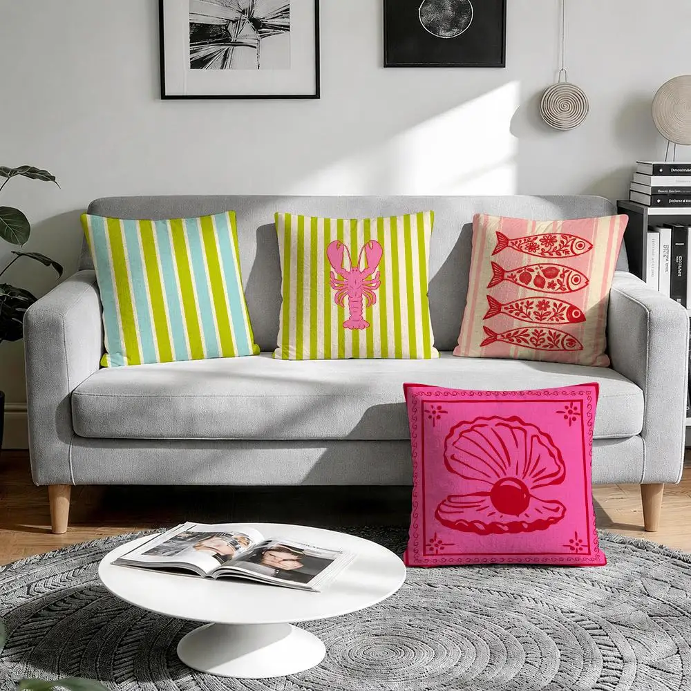 Maximalist Lobster Sun Design Cushion Cover Natural Breathable Durable Linen Printed Decor Pillow Case Sofa Bedroom