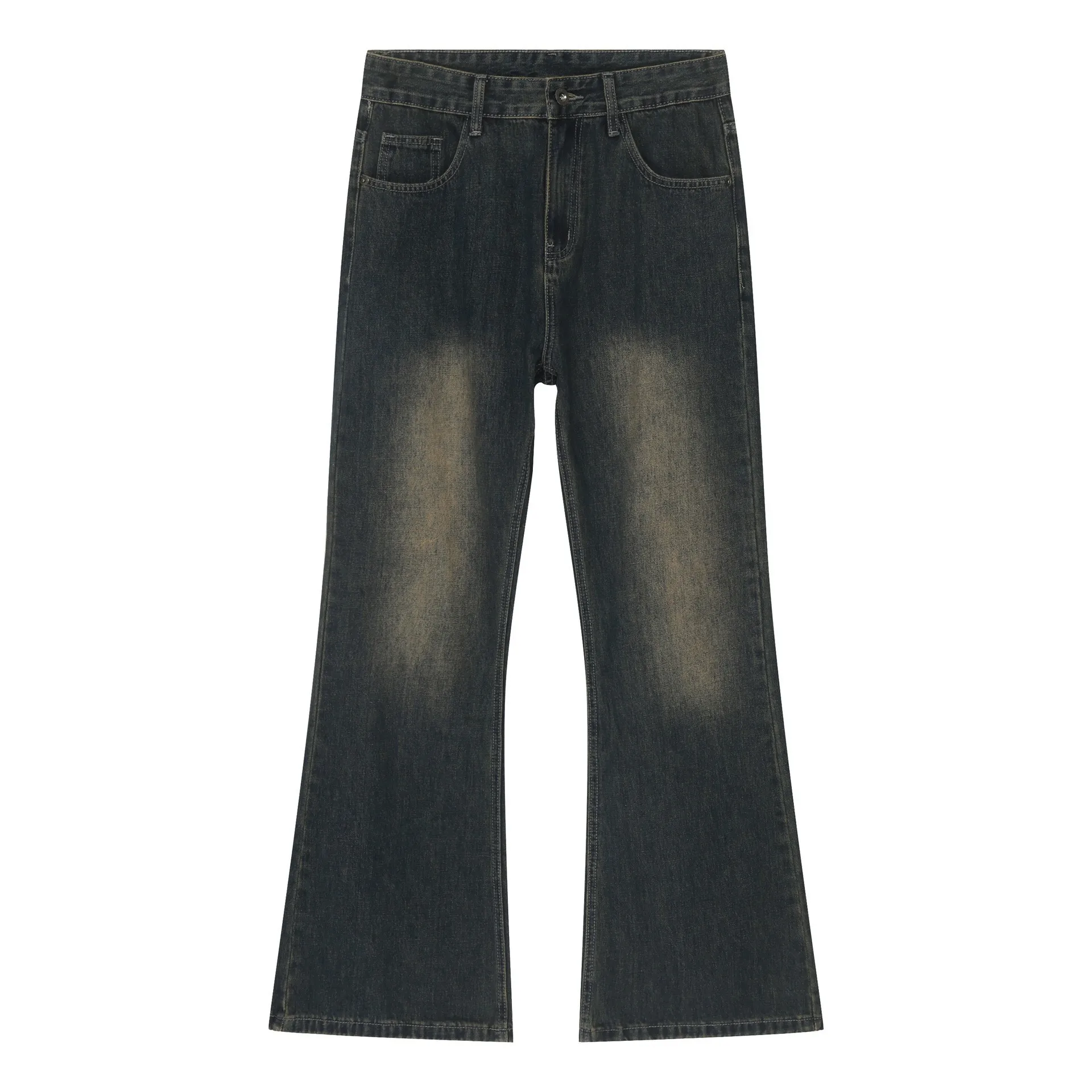 Calças de brim dos homens calças de perna larga denim calça longa casual solto regular cintura alta calças retas bolsos splice simples outono