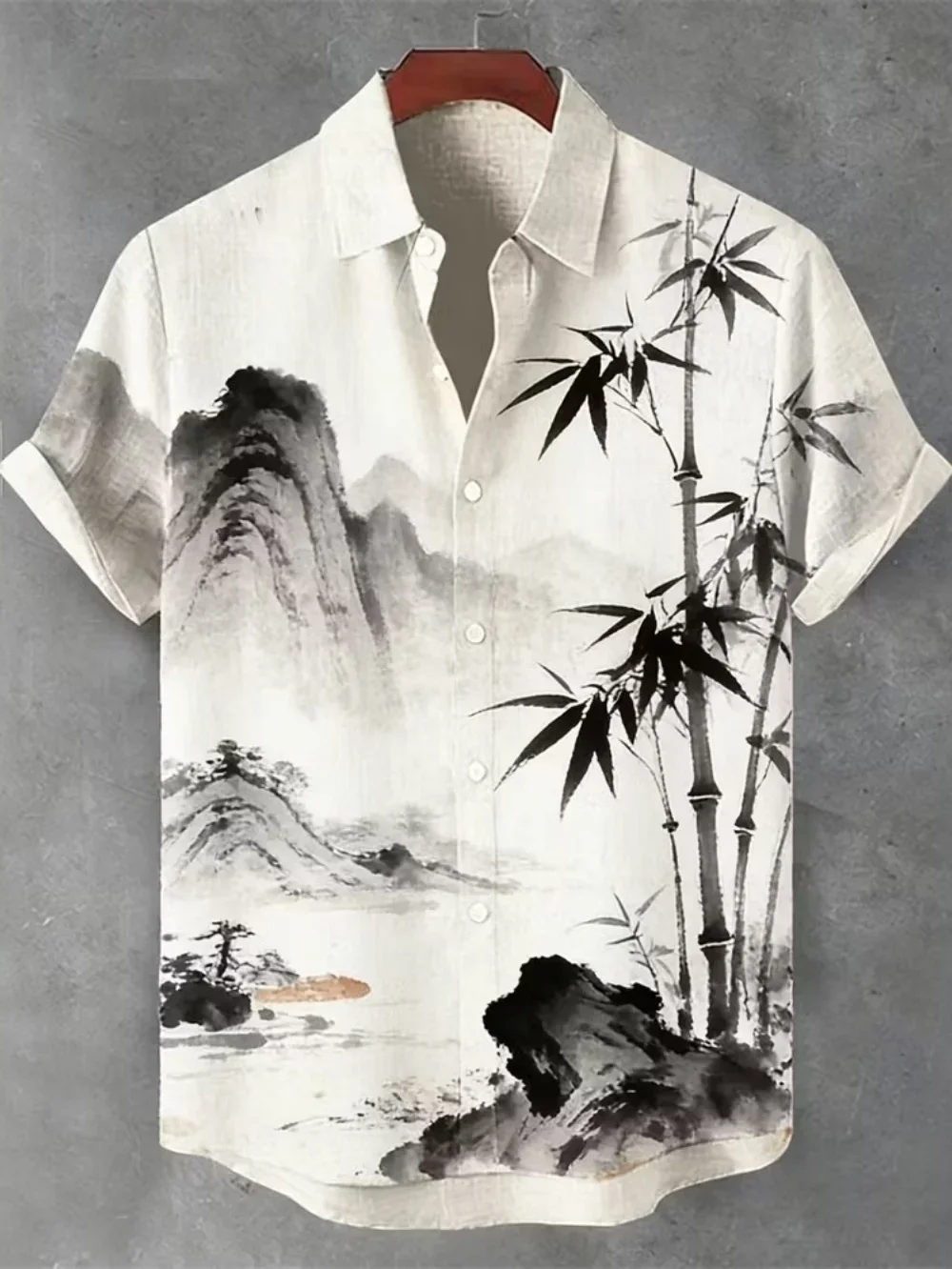 Men's Collar Short Sleeved Shirt New Chinese Style Ink Wash Landscape Bamboo Lonely Boat Retro Painting Print
