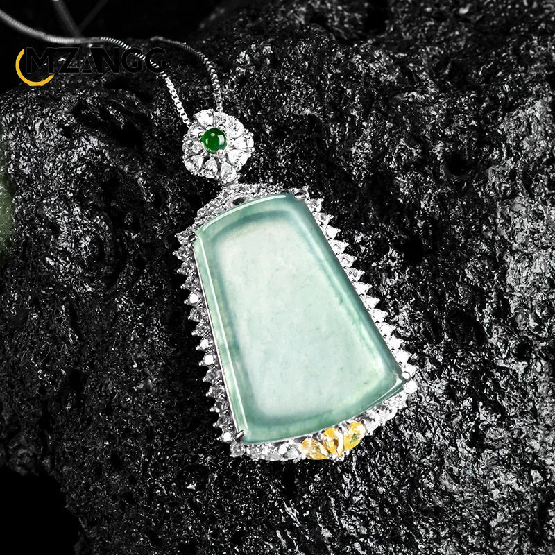 High-grade S925 Silver Inset Natural Jadeite Blue Water Ping An Brand Pendant Exquisite Ice Kind Men and Women's Jade Necklace