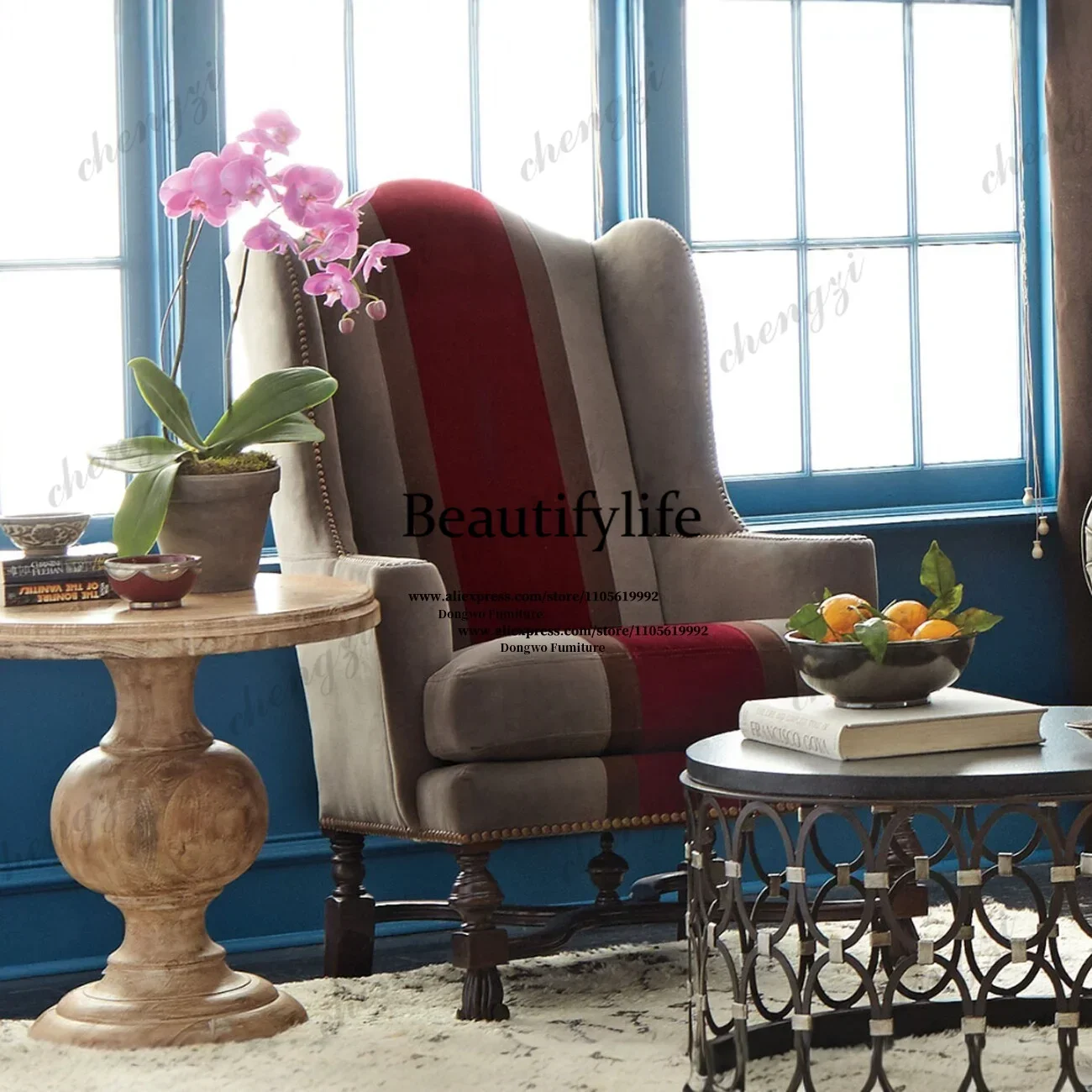 132 Red brown striped velvet high back wing back chair American retro rivet solid wood living room single casual sofa chair