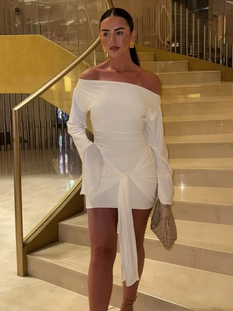 Solid Off Shoulder Bodycon Dress Women Fashion Waist Cinched Lace Up Slim Mini Skirt 2025 NEW Party Club Sexy Lady Dresses