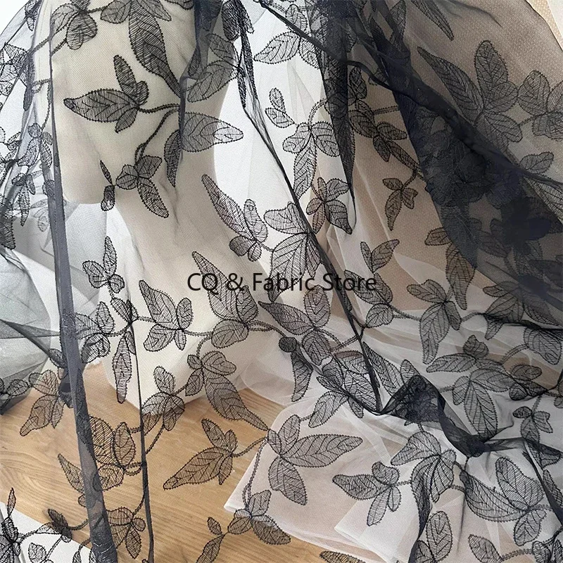 Black Leaf Silk Thread Embroidery Wedding Dress Lace Fabric European and American Dress Lace Accessories Designer Fabric