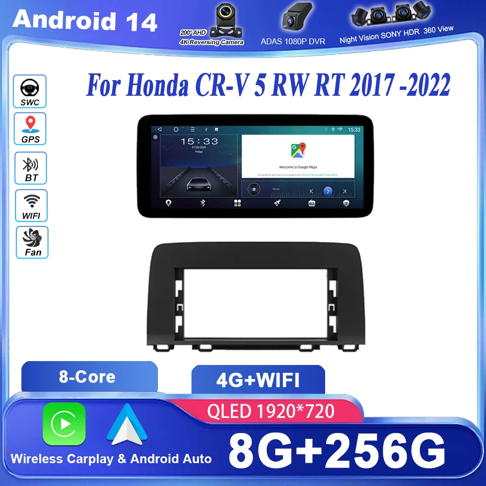 Android Stereo Radio For Honda CR-V 5 RW RT 2017 -2022 Auto High-Performance CPU Wireless Carplay Touch Screen Head Unit Car DVD