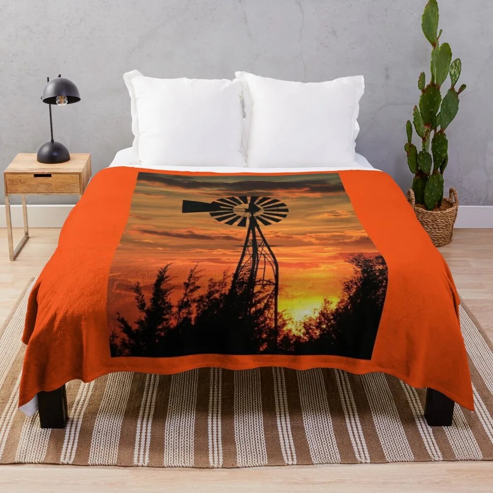 Kansas Windmill Silhouette at Sunset with clouds Throw Blanket Loose Blankets Sofas Of Decoration anime Luxury Brand Blankets