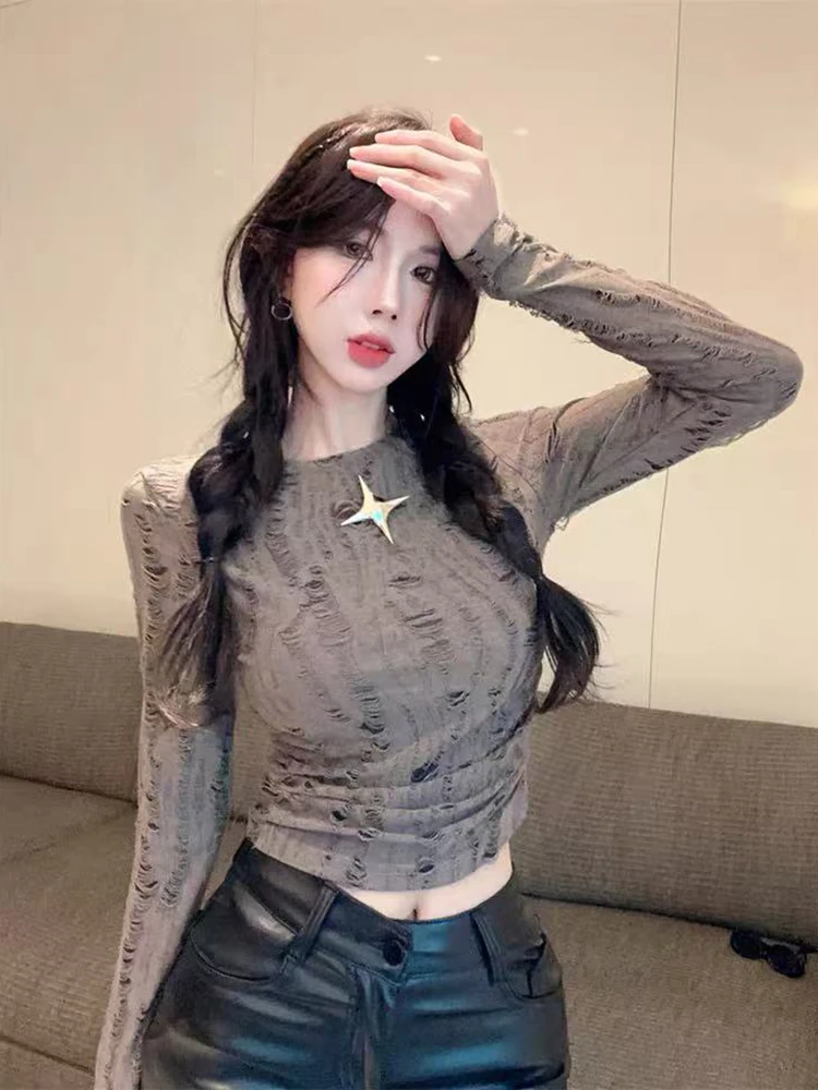 American Slim Crop T Shirt for Women Y2K Fashion Streetwear Sexy Hollow Out Base Tops Autumn All Match Long Sleeve Casual Tees