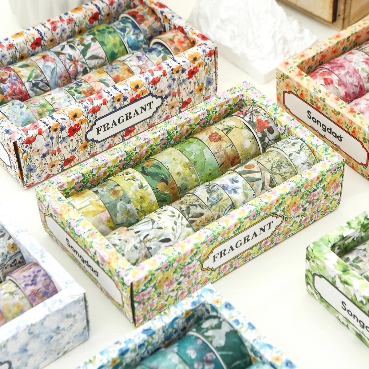 18 Rolls/Box of Delicate Washi Tape, Plant Flower Pattern Design Suitable for DIY Cards, Scrapbooks, Photo Frame Decoration