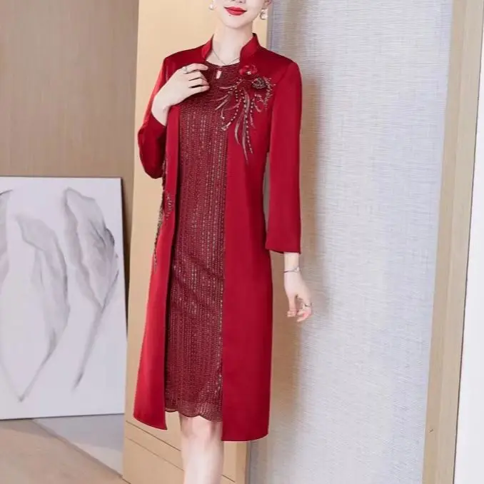 Robes de mère de la mariée deux pièces trempées, veste Cheongsam occidentale noble, satin bordeaux, manches longues au genou, soirée, quoi que ce soit