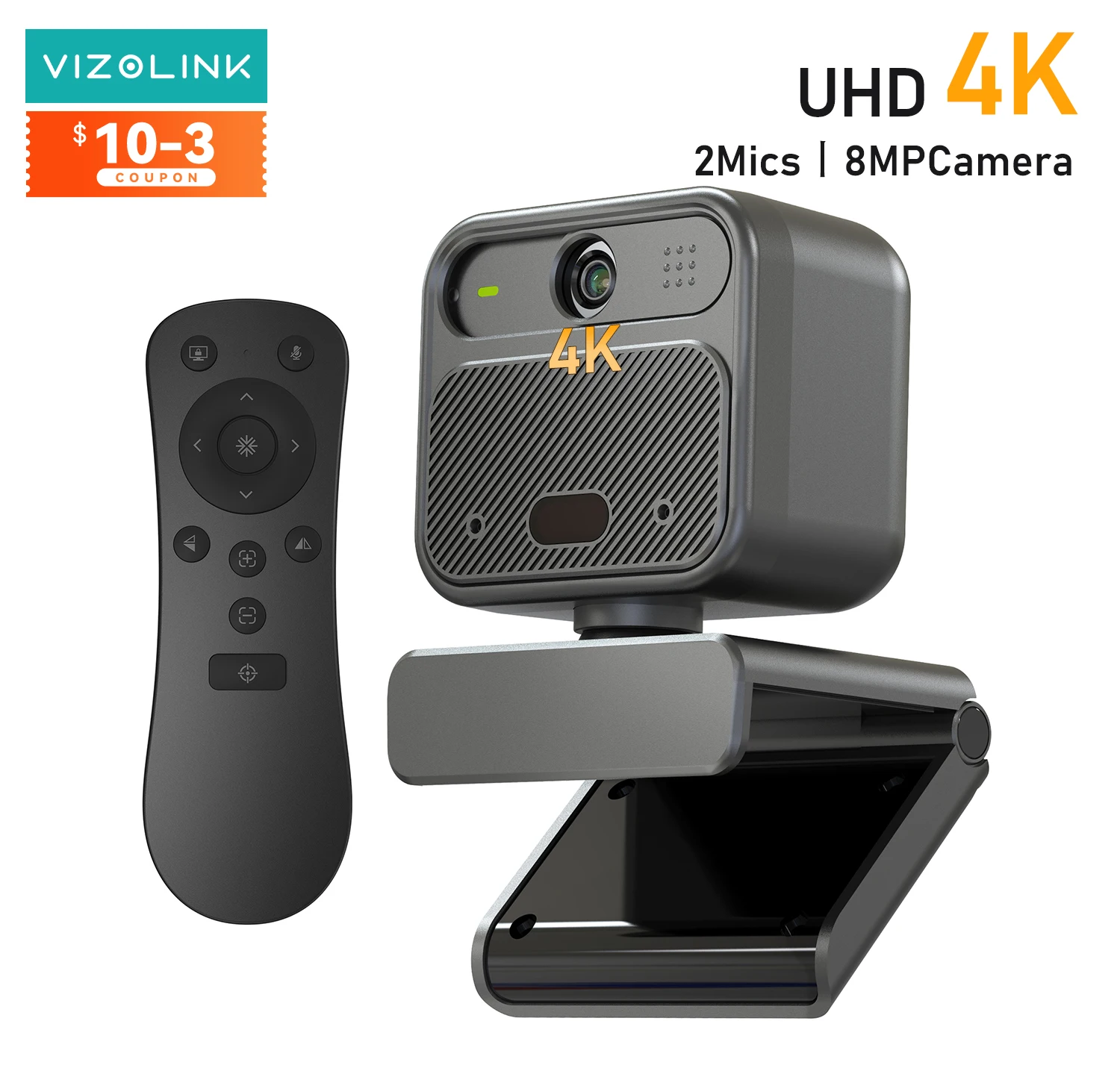 VIZOLINK 4K Webcam UHD PC Camera Auto Focus with Speaker Dual Mics Remote Control Conferences Camera for Live Streaming Gaming
