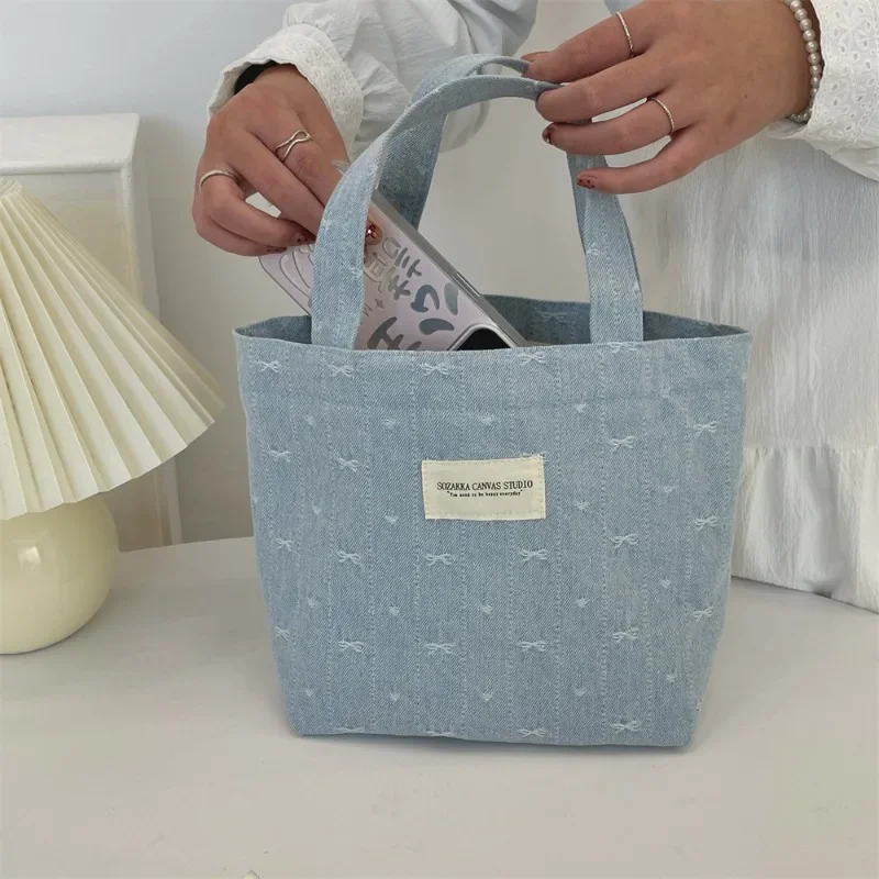 

1 Piece Retro Sweet American Lunch Bags for Women Blue Color Series Bow Handbag Portable Large Capacity Commuter Storage Bag