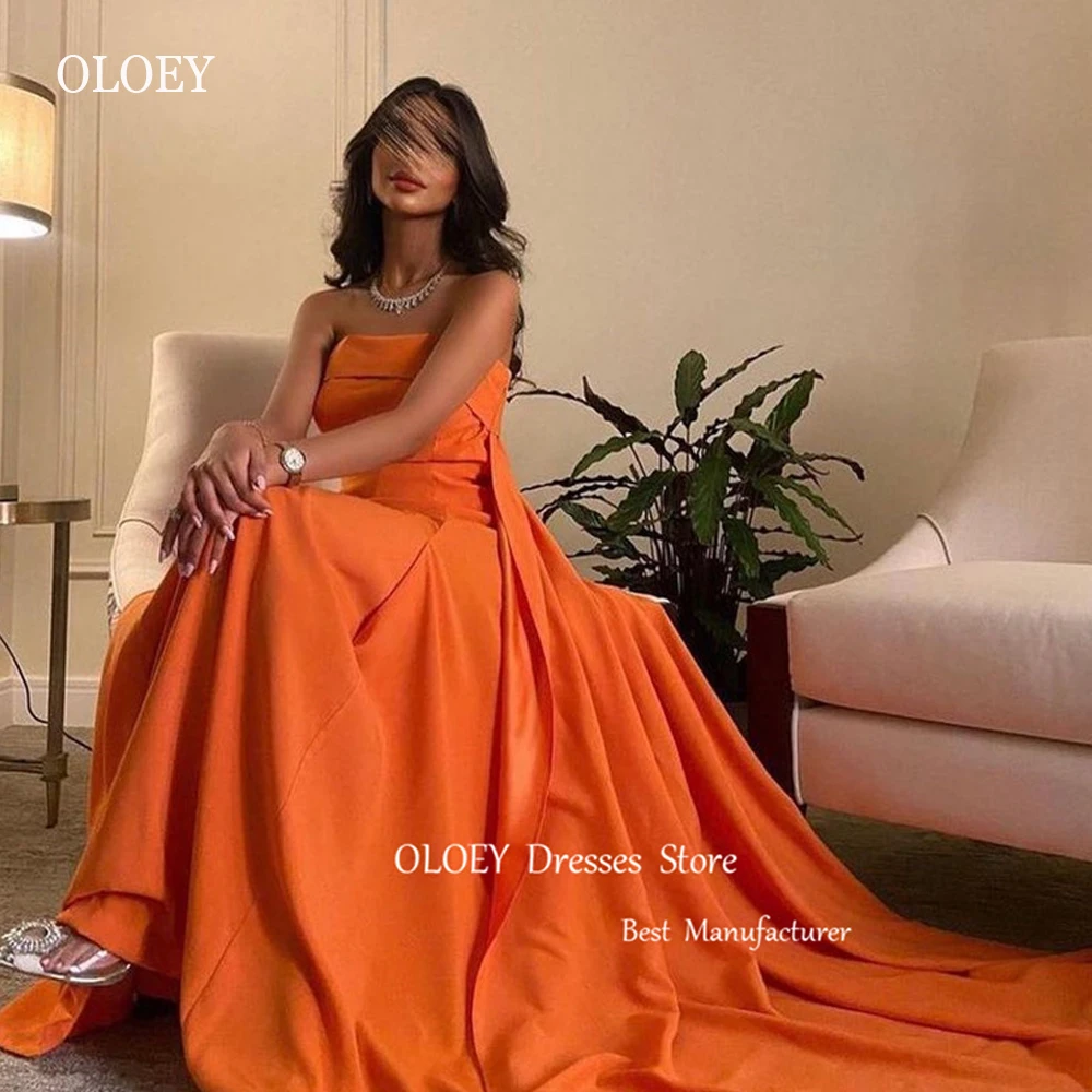 OLOEY Simple A Line Orange Long Evening Dresses Strapless Matte Satin Saudi Arabic Women Formal Party Gowns Occasion Prom