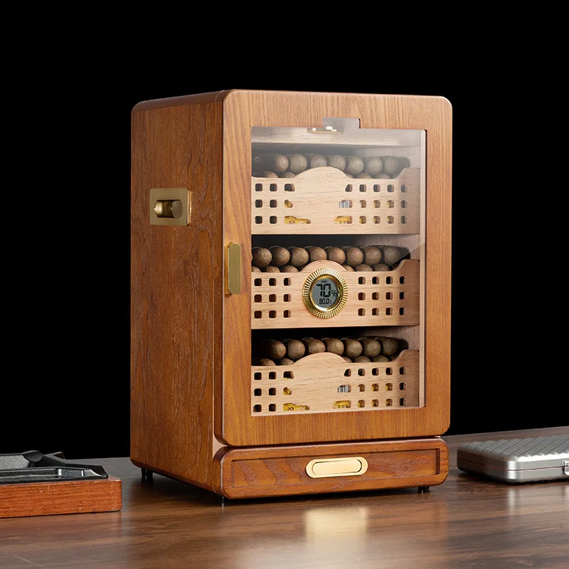 Four-Layer Large Capacity Cigar Box with Smoking Accessories Drawers Humidifier Cedar Wood Cigar Cabinet