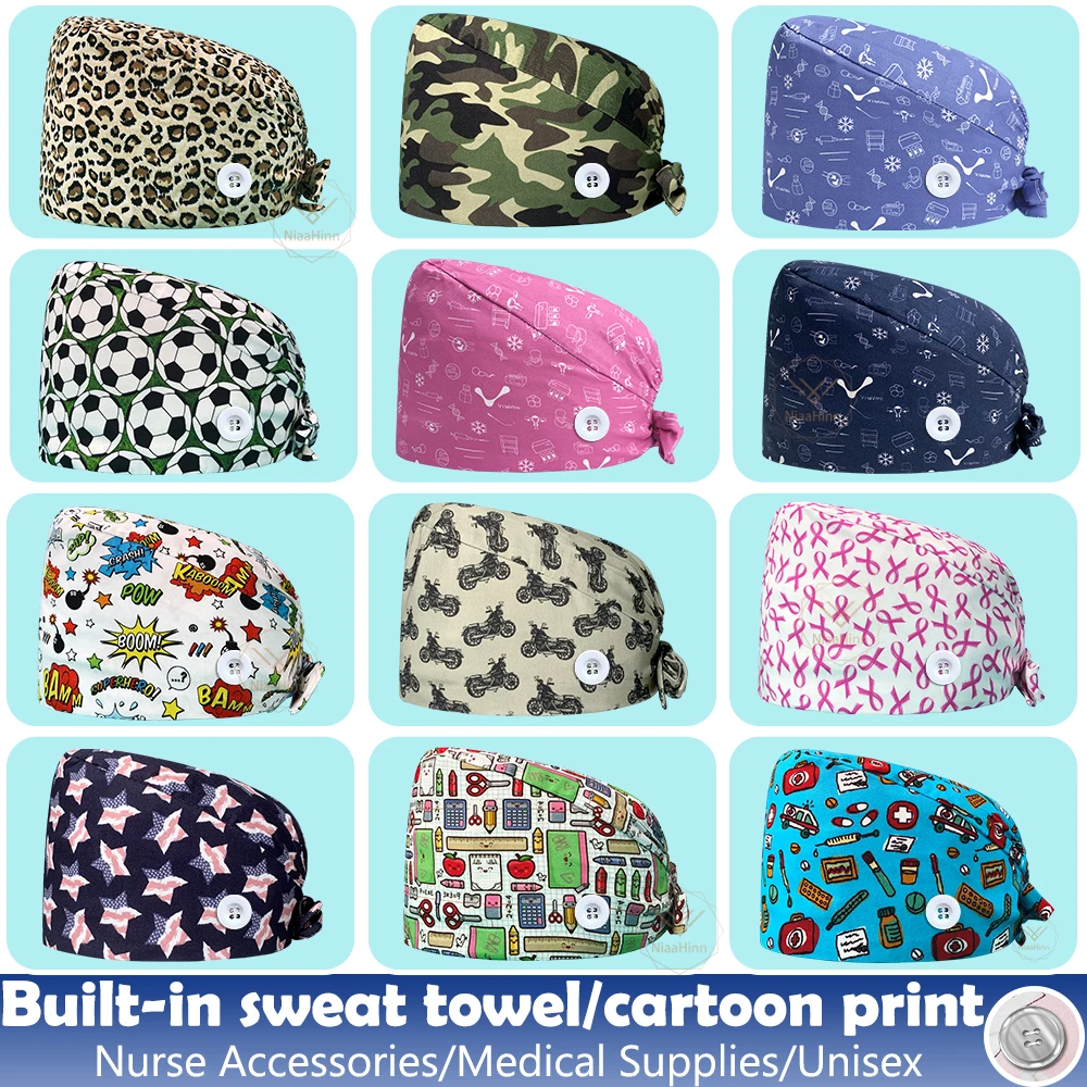 Wholesale Animal Print Women Scrubs Caps Pet Shop Work Scrubs Breathable Lab Scrub Hat Nursing Hat Beautician Hospital Work Hats