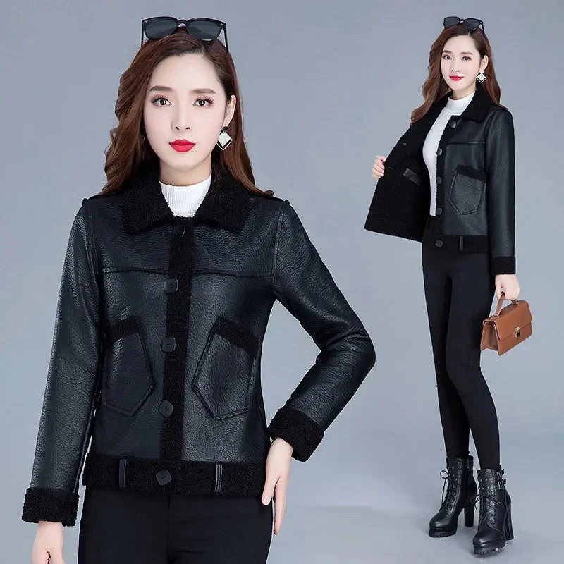 Middle Aged Women's Leather Jacket Women's Velvet Thicken Autumn And Winter New Faux Fur Coat Leather Jacket Short PU Coat Black