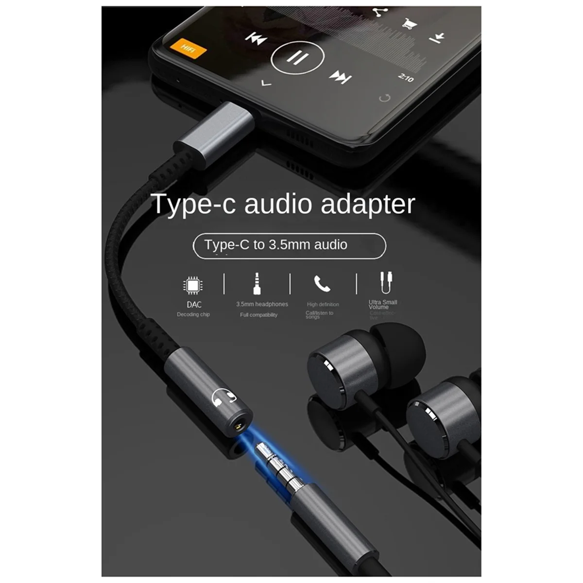 USB Type C to 3.5mm Earphone Jack Digital Audio Adapter Converter USB C to 3.5 mm Headphone Aux Cable Grey