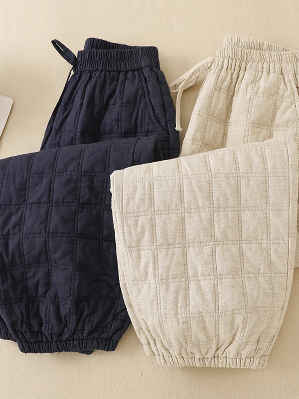 Warm Cotton Linen Lantern Pants Women's Loose Fit Autumn Winter White Checkered Pressed Line Casual Nine Point Cotton Pants