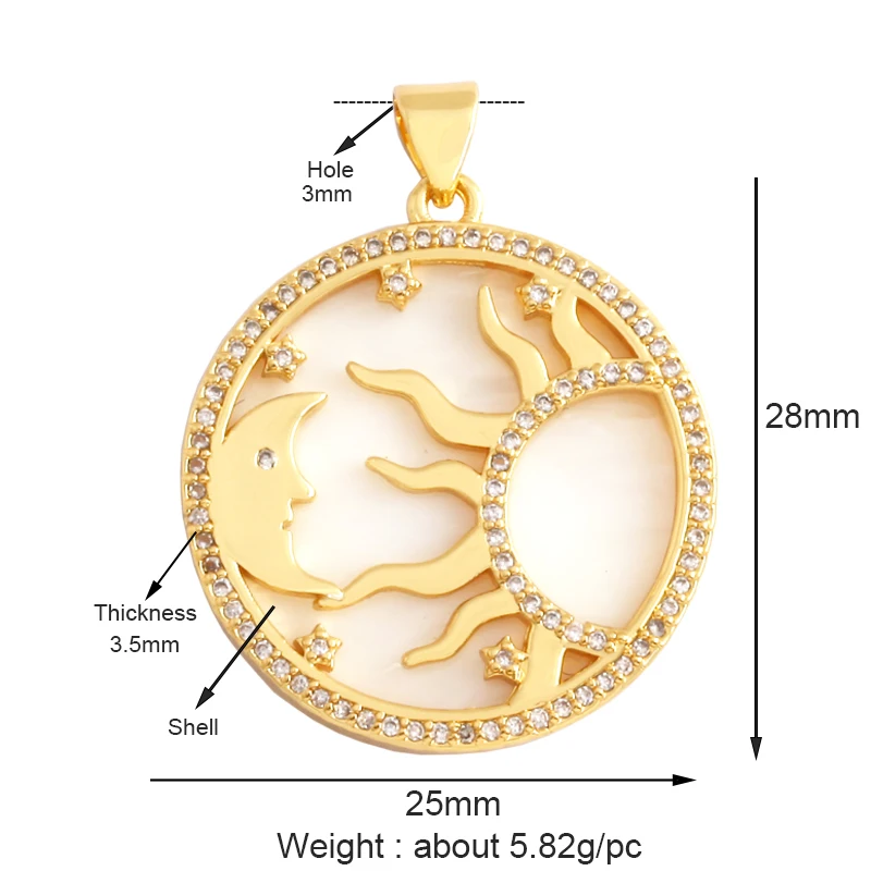 Kompass, glänzender Sonne, Mond, Stern, Muschel-Charm-Anhänger, 18 Karat vergoldetes Gold, eingelegter Zirkonia, Schmuck, Halskette, Armband, Zubehör S45 – Detail 15