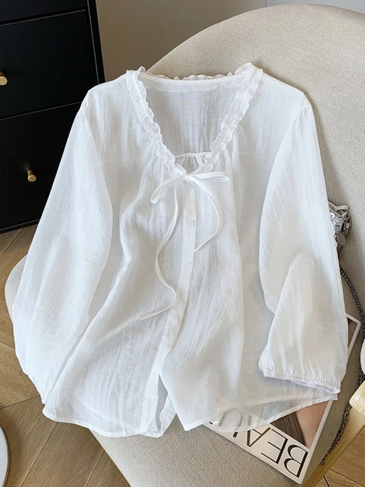 

Лидер продаж, блузка с бантиками и оборками, топы Blusas 2025, милые милые девушки, шикарная корейская модная одежда, женские рубашки, сорочки Femmes