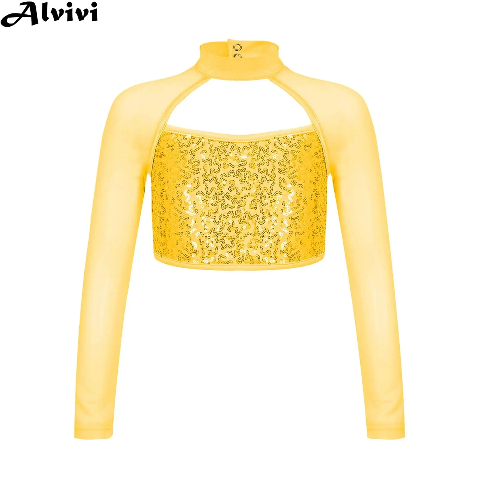 Teen Girls Fashion Hip Hop Jazz Street Dance Performance Costume Long Sleeve Shiny Sequins Mesh Crop Top School Party Dancewear