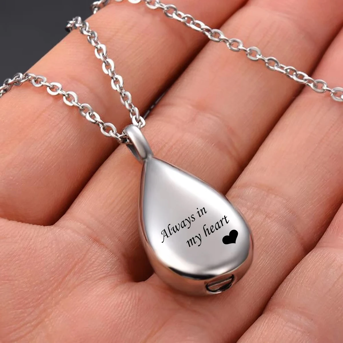 Stainless Steel Teardrop Always in my heart Pet Urn Pendant Necklace Keepsake Ashes Cremation Memorial Jewelry