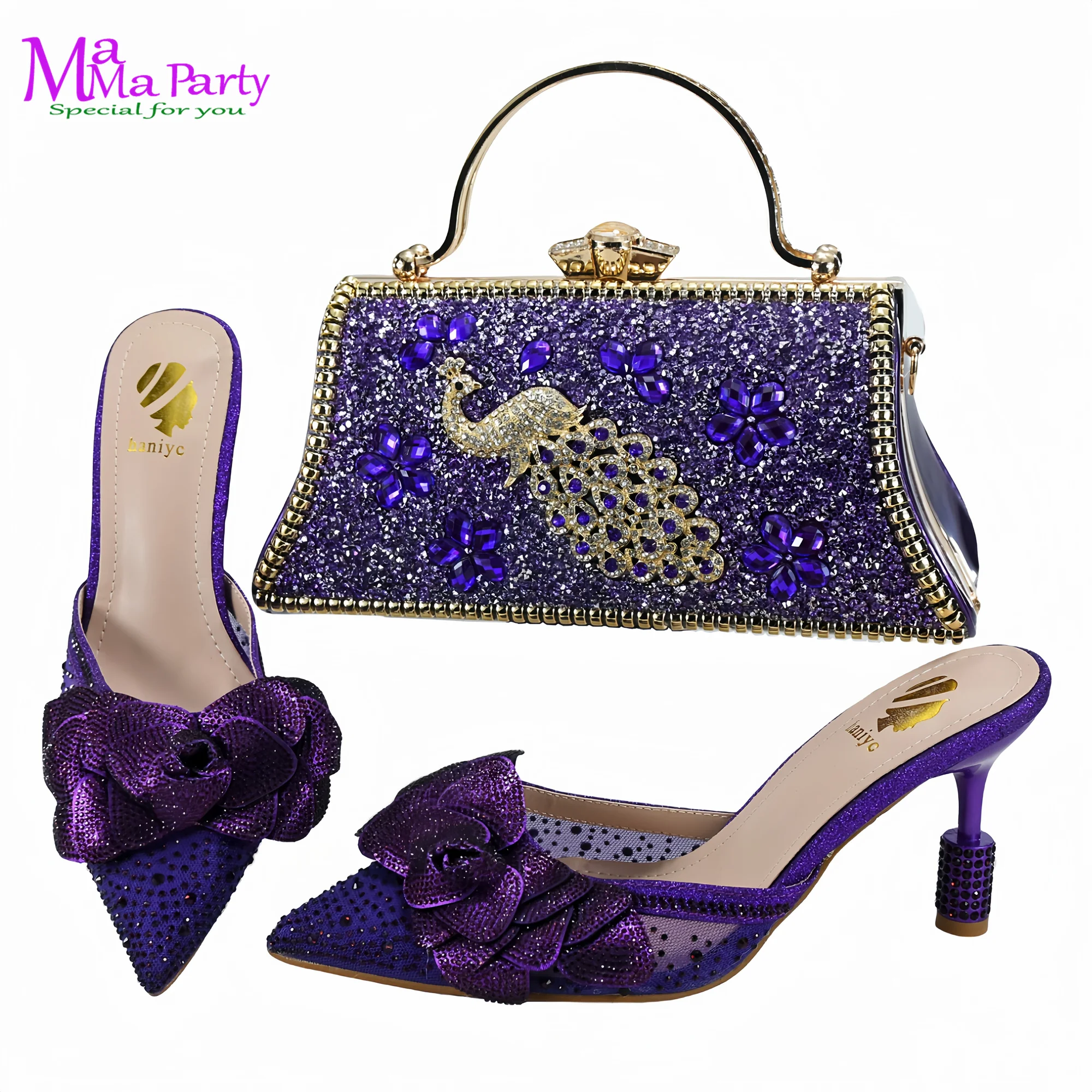 Elegant New Design 2024 Winter Design Italian Women Shoes and Bag Set in Purple Color High Quality Pointed Toe For Party