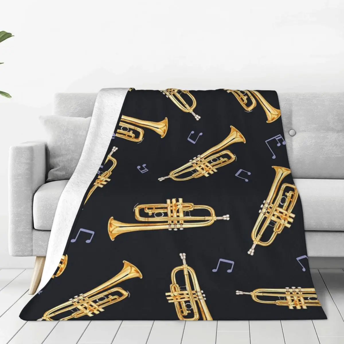 Gold Trumpet On Black Blankets Fleece Portable Throw Blankets Sofa Throw Blanket For Couch Bedding Outdoor Throws Bedspread