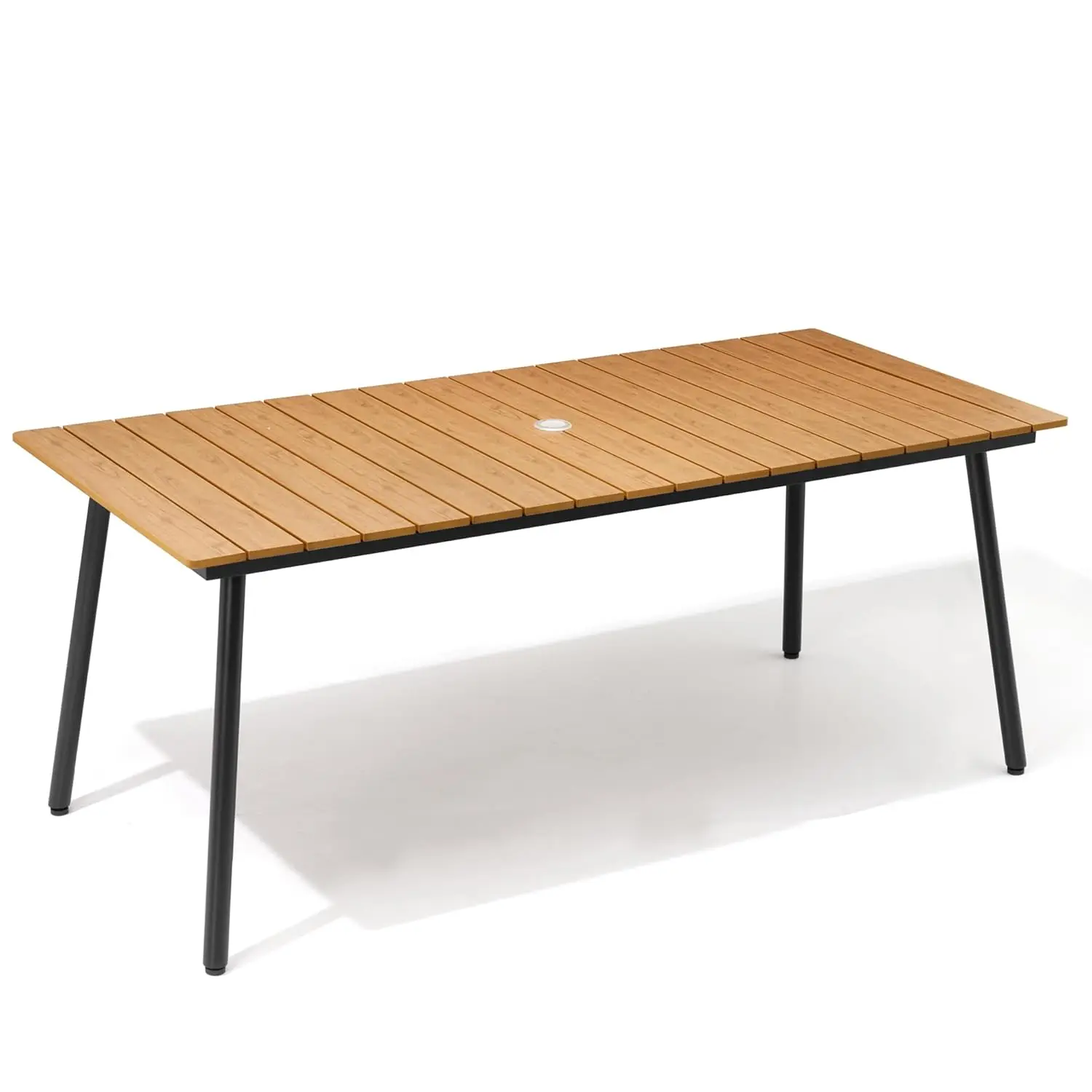 

70" Patio Outdoor Dining Table for 4-6, Weather-Resistant Wood-Grain Top with Aluminum Frame & Umbrella Hole, Customized