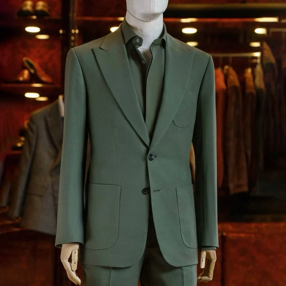 

High Quality Green 2 Piece Jacket Pants Luxury Single Breasted Peak Lapel Skinny Daily Male Clothing Customized Outfits Men Suit