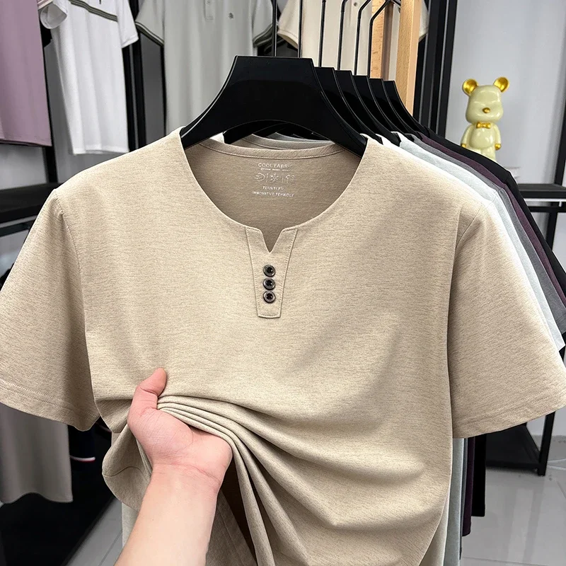 Men's Summer Quick Dry Henley Neck T Shirt Breathable Fabric With V Notch Neckline Short Sleeve