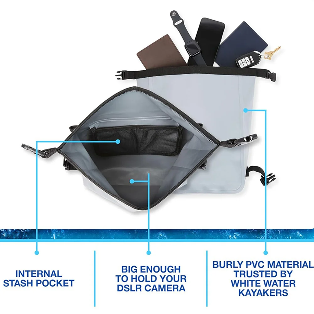 IPX8 Rated Waterproof Dry Bag Gray PVC for Diving Fishing Kayaking Outdoor Use with Touch Window and Multi Position Straps