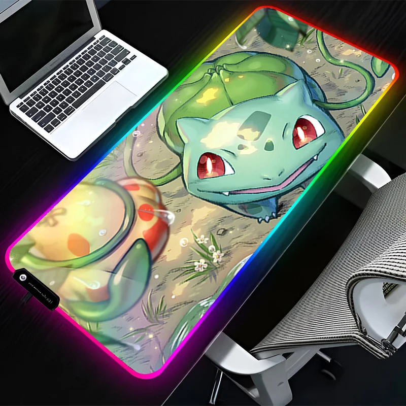 RGB LED Mouse Pad Rubber Mousepad Computer Gaming Accessories Keyboard Pad Office Decoracion Desk P-pokemon Bulbasaur Mouse Mat