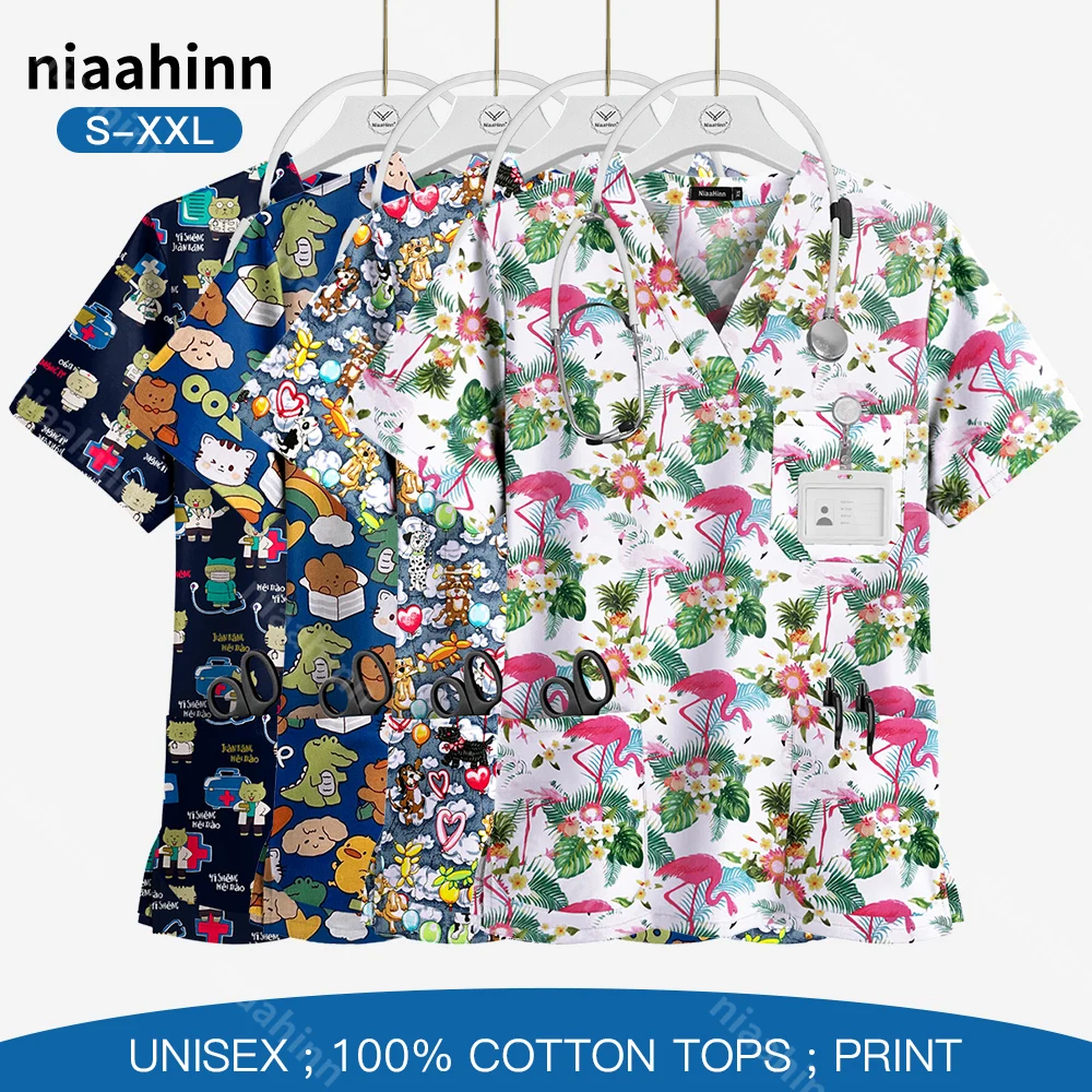 NiaaHinn Cartoon Print Medical Blouse Pet Grooming Veterinary Work Tops Nurse Accessories Spa Uniform T-shirts Pharmacy Workwear