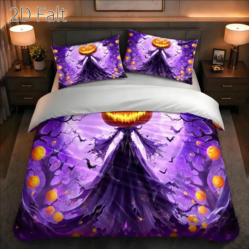 Christmas Three-Piece Bedding Set with Pillowcases and Duvet Cover, 1 Duvet Cover + 2 Pillowcases (Without Filling) 2D Flat Printing, Three-Piece Duvet Cover Set, Pumpkin Head Wizard Theme, Dark Fantasy Style Halloween, Thanksgiving Decoration, Ultra-Soft Printed Duvet Cover Set 3 Pieces Bedding Set Quilt Cover