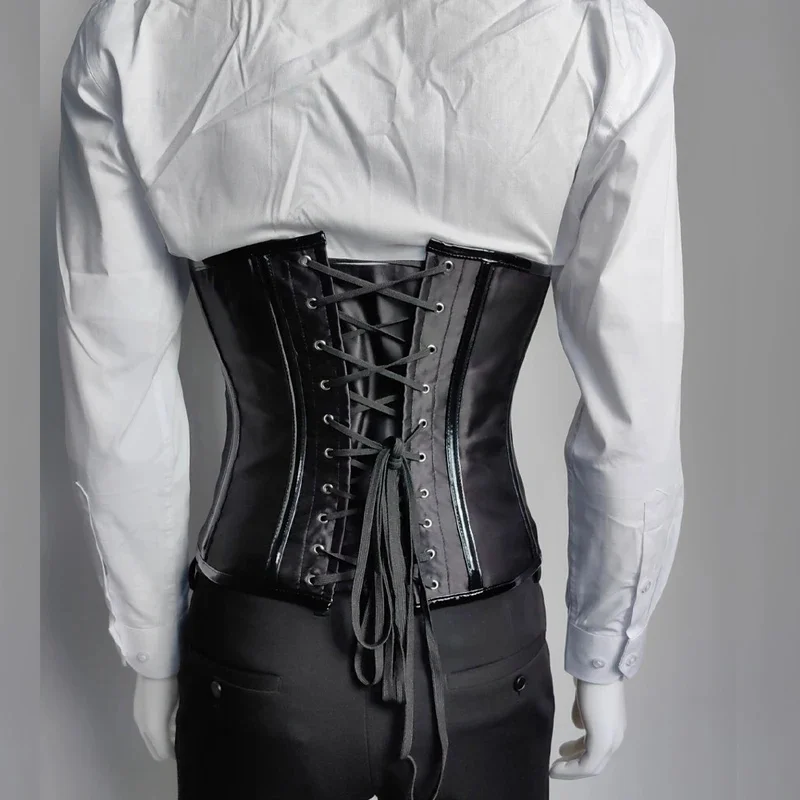 Men's Black Underbust Gothic Steampunk Leather Corset Waist Trainer With Zipper Front Buckle Body Shaper Tummy Control Slim Fit