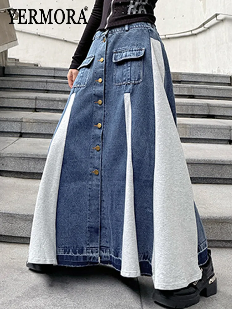 

Юбка YERMORA с высокой эластичной талией, джинсовыми вставками и карманами, повседневная, свободного кроя, модная, весна-лето 2026