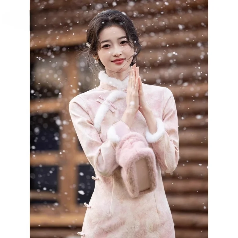 

Pink Dress Chinese Cheongsam Qipao 2026 Autumn and Winter with Plush High-end Temperament High-end Young Girl Dress