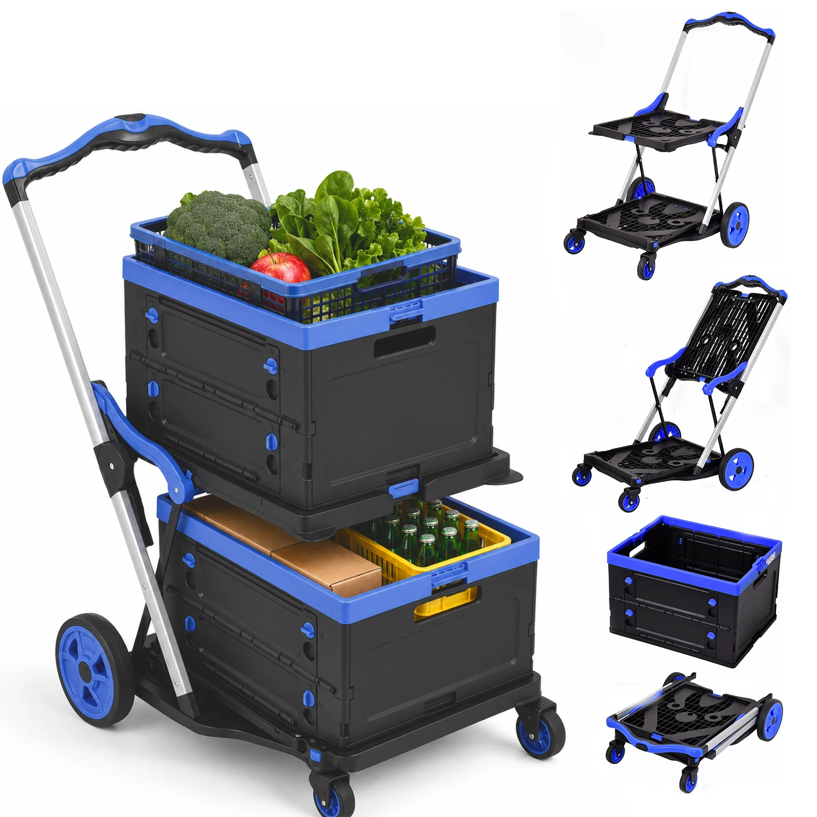 2 Tier 200 Lbs Foldable Shopping Cart, Heavy Duty Grocery Cart with 360° Braked Swivel Wheels – Portable Utility Shopping Trolley for Home, Office, Warehouse, Supermarket