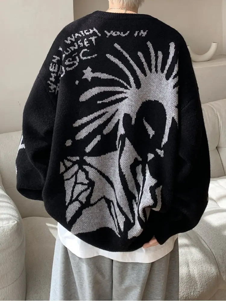 

American Retro Knitted round Ne Sweater Men's Autumn Winter Loose Bot Lazy Sle Knitwear Soft Comfortable Geometric Pat...