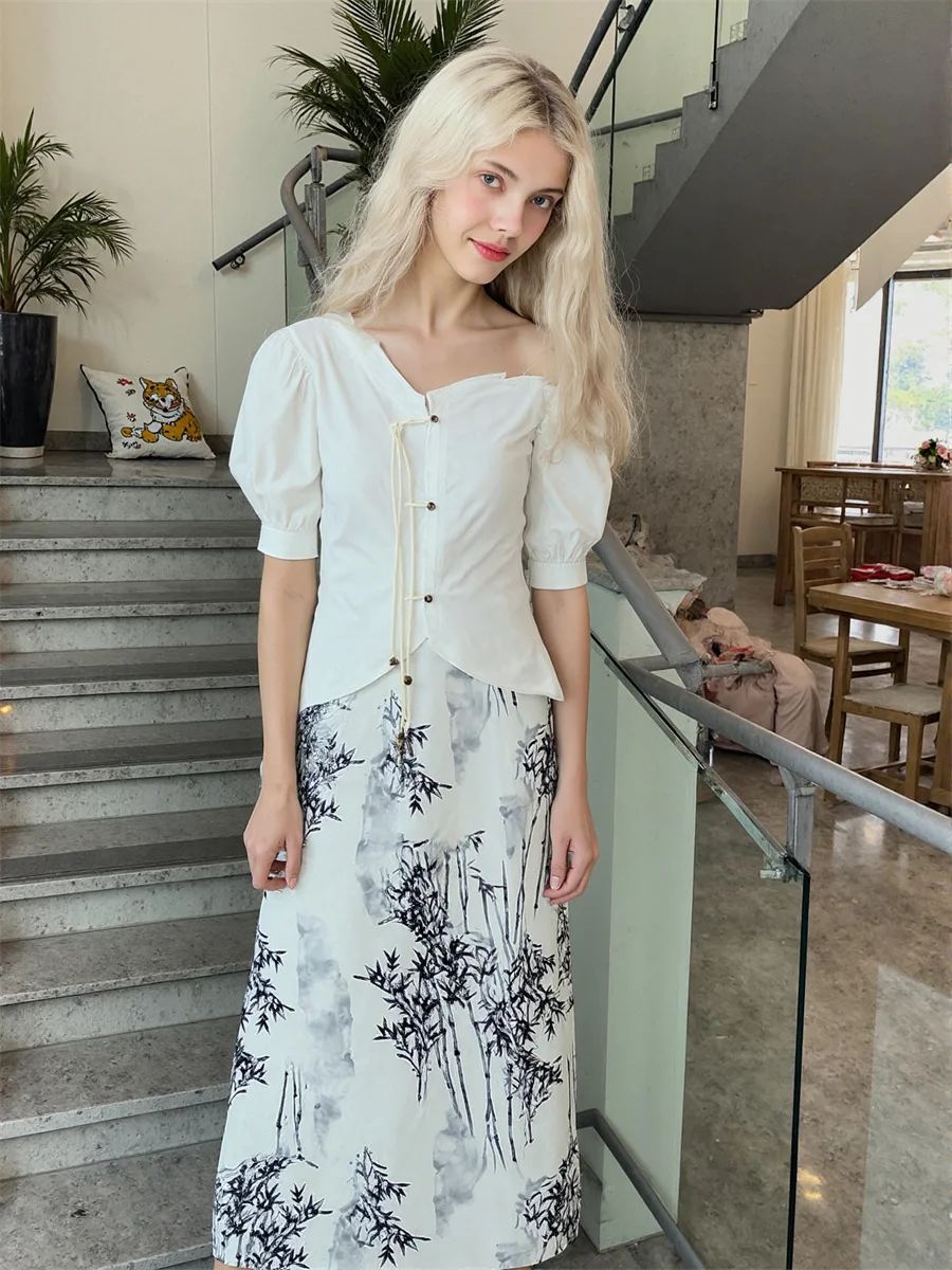 

Chinese Style Midi Skirts Women Chiffon Layered Pleated Ruffle Hem Elastic Waist Flare Artistic Bohemian College Sweet Patchwork